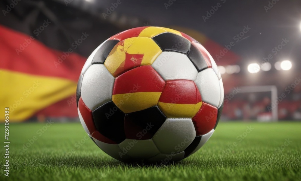 Naklejka premium Soccer ball with German flag waving in the background, sport, stadium, soccer