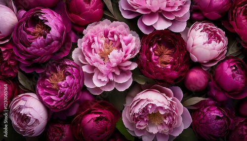 top view of lush magenta and burgundy peonies for luxury design photo