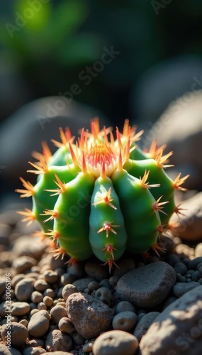 Colorful Lophophora williamsii growing on rock surface, Cactus, Green photo