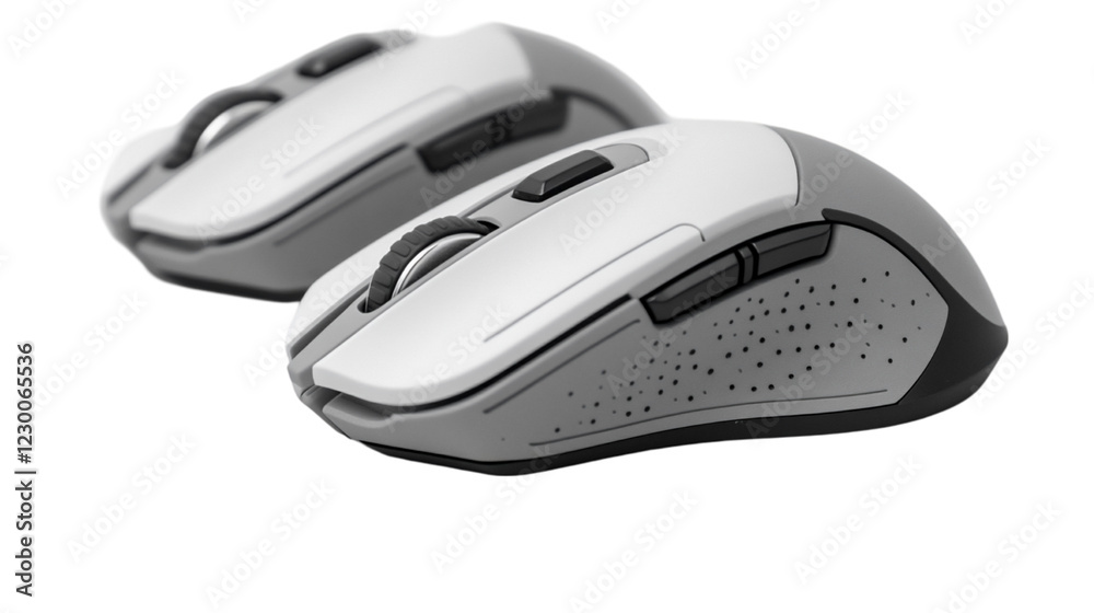 Pair Of Modern Gray Wireless Computer Mice Product Shot Pair Of Modern Gray Wireless Computer Mice Product Shot