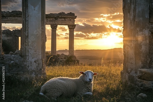 Serene Sheep Resting Among Ancient Ruins at Golden Hour with Dramatic Sunset Sky