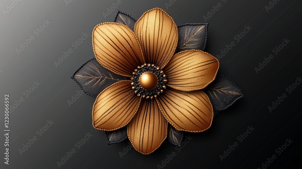 Obraz premium Elegant Gold Flower with Striking Black Leaves Set Against a Deep Black Background Creating a Bold and Artistic Contrast Evoking a Sense of Mystery and Natural Beauty in Floral Design
