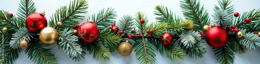 Fototapeta premium Fir branches with ornaments and garland wrapped around, garland decorations, winter foliage arrangements, white Christmas fir