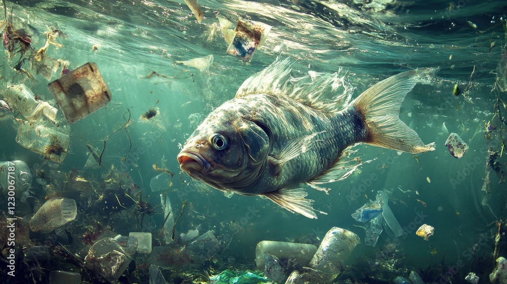 Obraz premium A powerful image of fish swimming through polluted waters, with oil slicks and plastic debris floating
