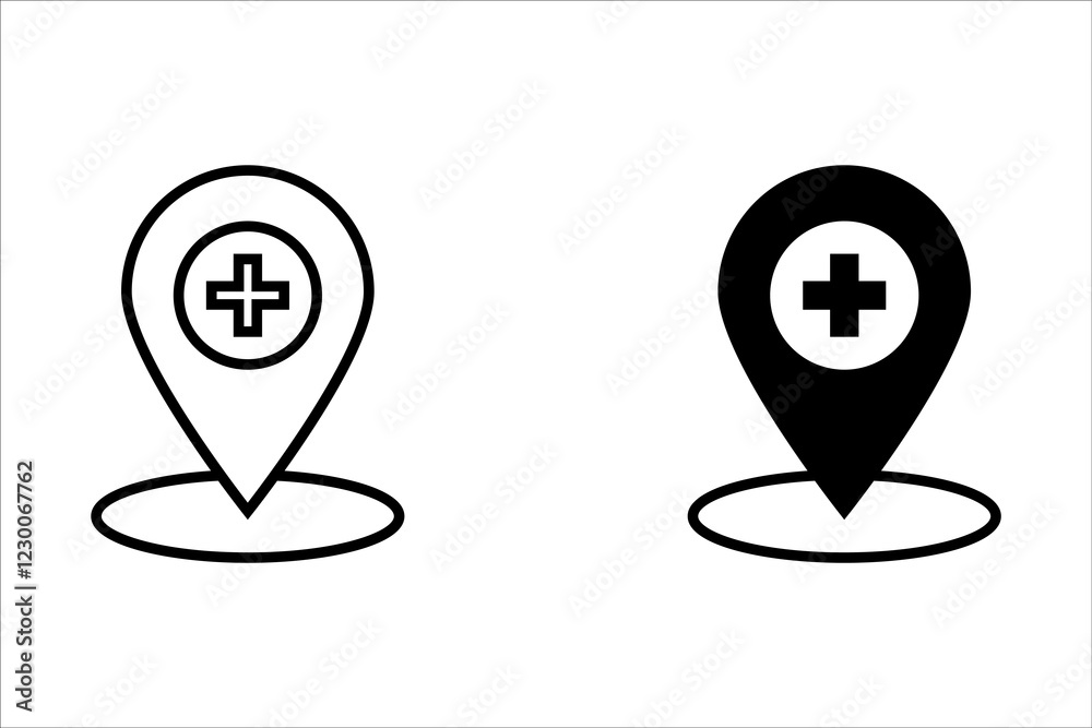 hospital location map pointer, cross icon with location pin, black filled symbol isolated on white background, vector marker, first aid sign hospital location map pointer, cross icon with location pin, black filled symbol isolated on white background, vector marker, first aid sign