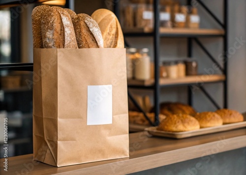 Brown paper bag mockup for showcasing bread packaging design with a blank white square for custom branding or labels.