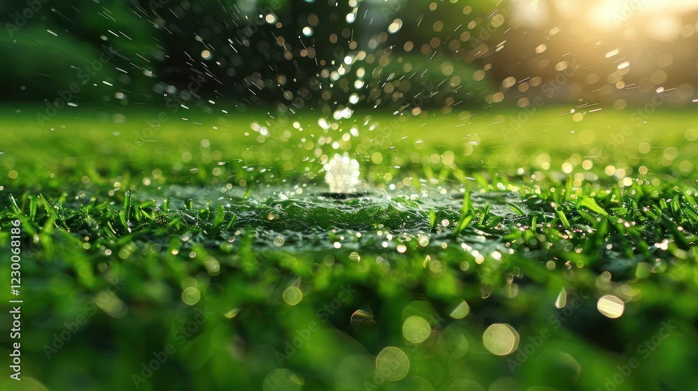 Close-up of water splashing on vibrant green grass during golden hour, creating a serene outdoor atmosphere Close-up of water splashing on vibrant green grass during golden hour, creating a serene outdoor atmosphere