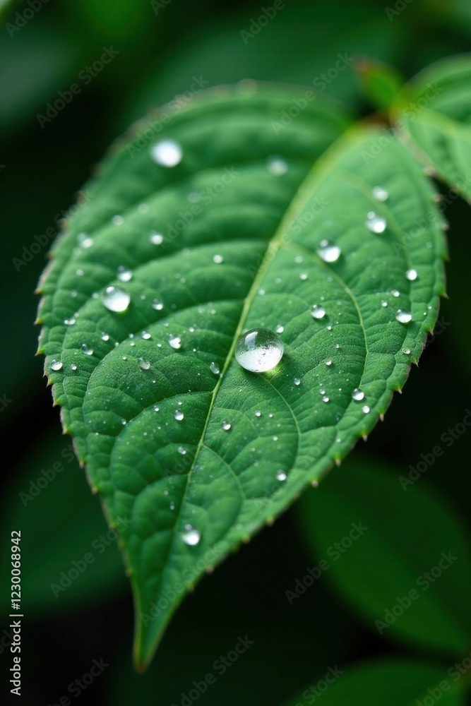 Sparkling water droplets on a dewy leaf, microscopic details, Sparkling water droplets on a dewy leaf, microscopic details,