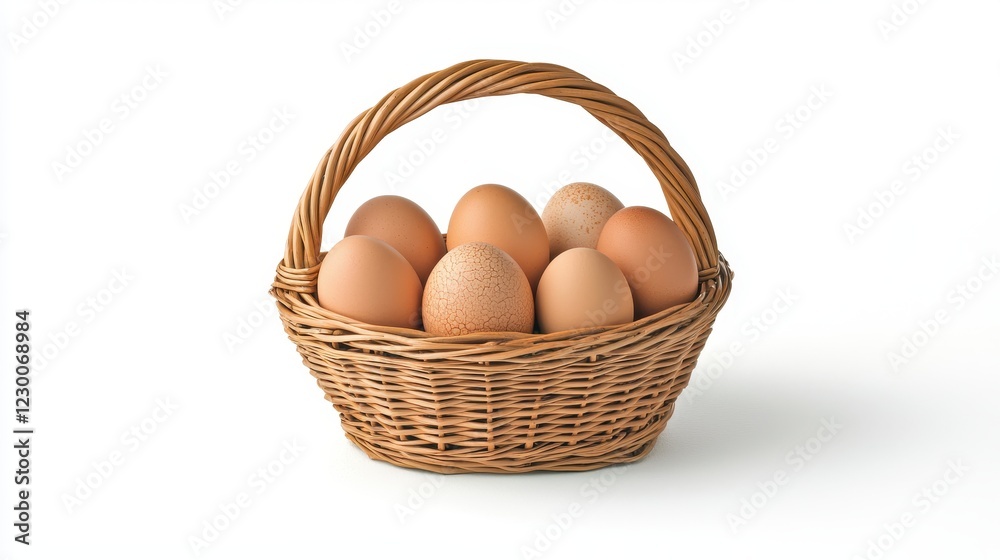 Fresh Brown Eggs in a Woven Basket on a Bright White Background