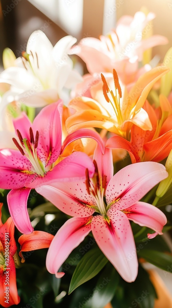 Naklejka premium A vibrant bouquet of colorful lilies in various shades, showcasing delicate petals and lush green leaves, creating a cheerful and fresh ambiance.