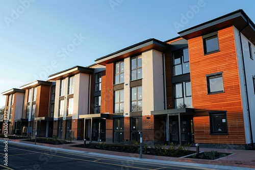 Row of new build apartments with large windows reflecting the sun on a clear day