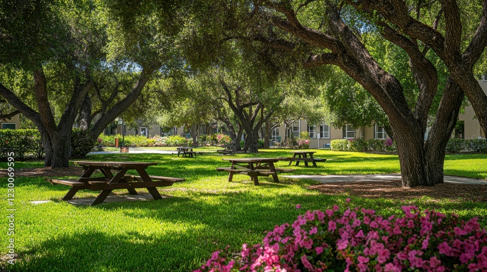 Fototapeta premium A serene outdoor study area on campus, with picnic tables under large shady trees, surrounded by blooming flowers and green grass