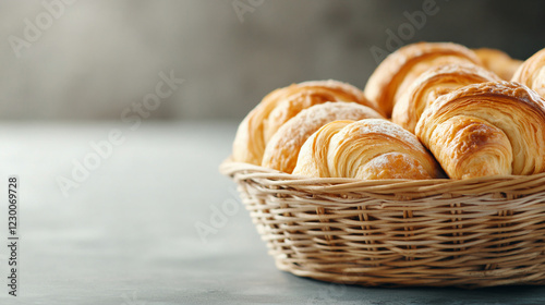 Freshly baked croissants in a woven basket on a rustic table. photo