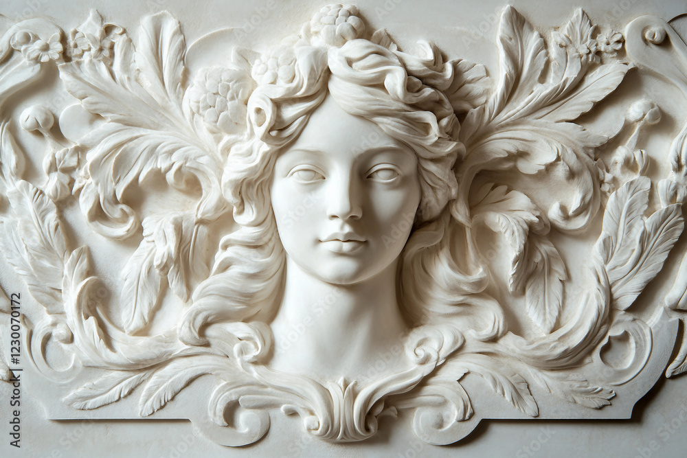 Carved image of an elegant bas relief on a textured wall with gypsum generative AI technology Carved image of an elegant bas relief on a textured wall with gypsum generative AI technology