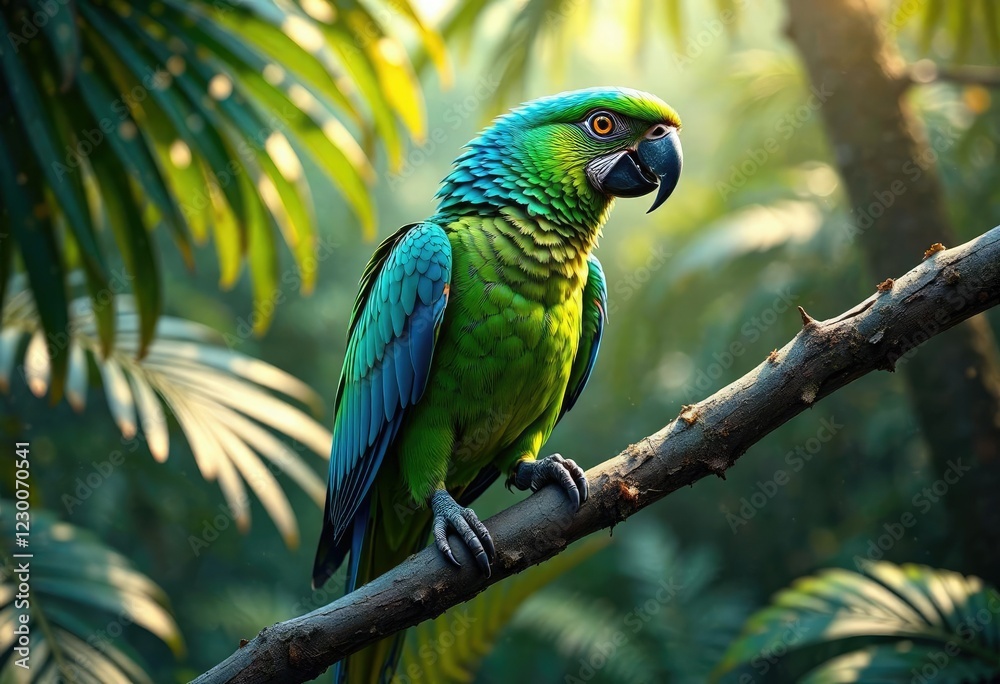 Parrot with blue and green feathers perched on a tropical branch, vibrant colors, tree branches, avian species Parrot with blue and green feathers perched on a tropical branch, vibrant colors, tree branches, avian species