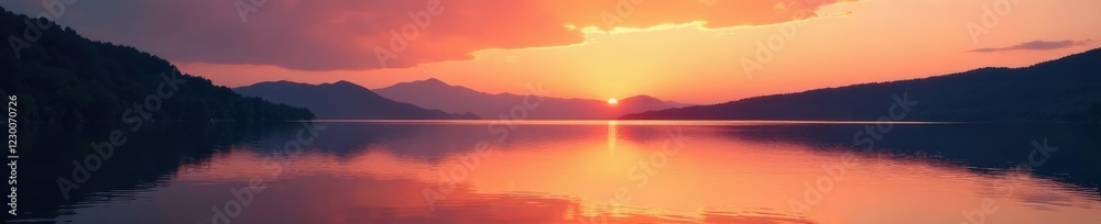 lake scene at sunset with a serene and peaceful atmosphere, mirrored, serene lake scene at sunset with a serene and peaceful atmosphere, mirrored, serene