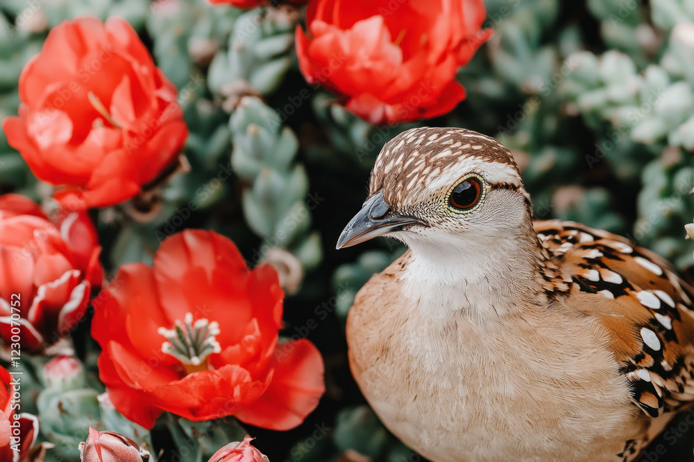 Fototapeta premium A beautiful bird perched among vibrant red flowers in a lush garden setting.