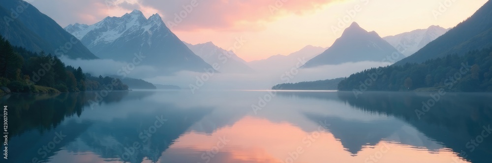 Obraz premium lakeside landscape with misty mountains reflected in the waters of a serene and peaceful lake at dawn, peaceful, calming