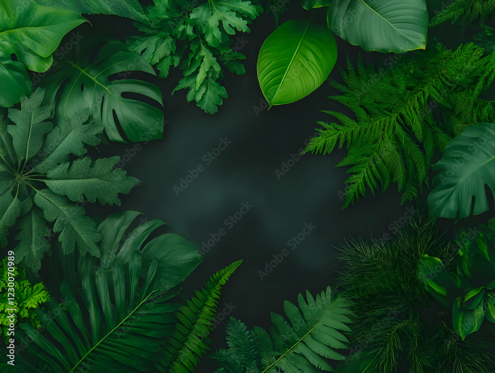 Lush tropical leaves frame, dark background, nature design Lush tropical leaves frame, dark background, nature design