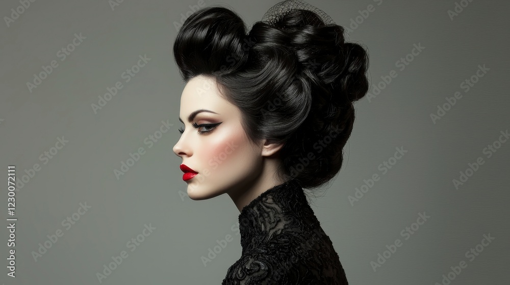 Elegant Woman with Stylish Updo and Bold Red Lips Portrait Elegant Woman with Stylish Updo and Bold Red Lips Portrait