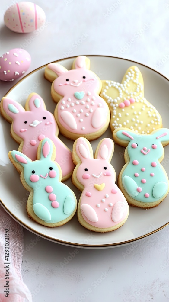 A plate of Easter bunny-shaped sugar cookies decorated with pastel icing. picture A plate of Easter bunny-shaped sugar cookies decorated with pastel icing. picture
