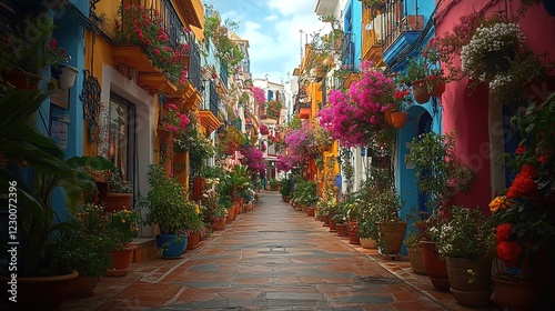 Colorful Flower Laden Street In A Spanish Town