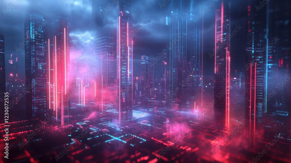 Fototapeta premium Futuristic Cityscape Neon Lights Digital Architecture Cyberpunk Scenery