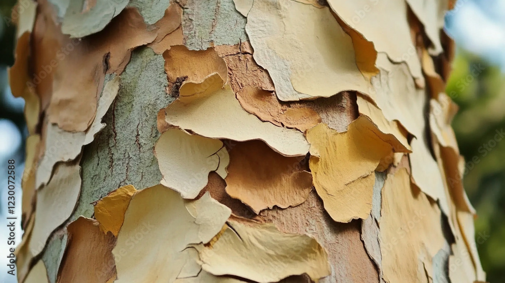 Close-up view of a textured tree bark showcasing peeling layers of various earthy tones in nature Close-up view of a textured tree bark showcasing peeling layers of various earthy tones in nature