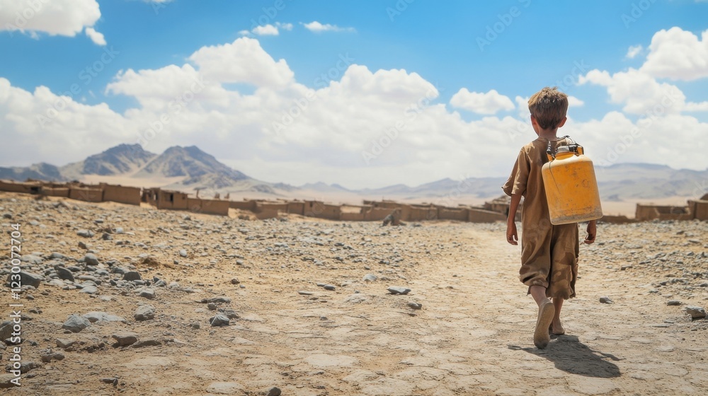A young boy walking miles with a container to fetch water in a desert village, parched land in the background A young boy walking miles with a container to fetch water in a desert village, parched land in the background
