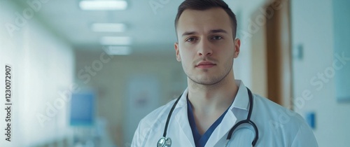 Confident young caucasian male doctor with stethoscope in hospital corridor