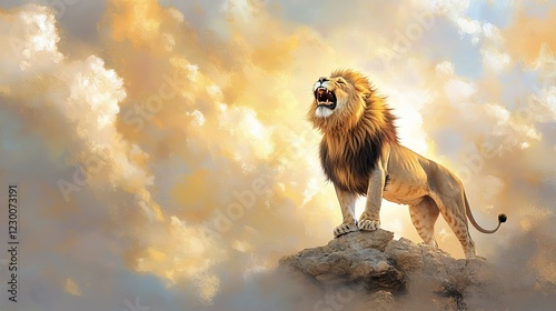Majestic lion roaring on rocky ledge, embodying raw power and regal pride in golden sunlight, wildlife safari scene.