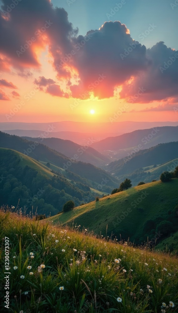 Fototapeta premium Serene landscape with rolling hills under a cloudy sky at sunrise, landscape, rolling hills, cloudy skies