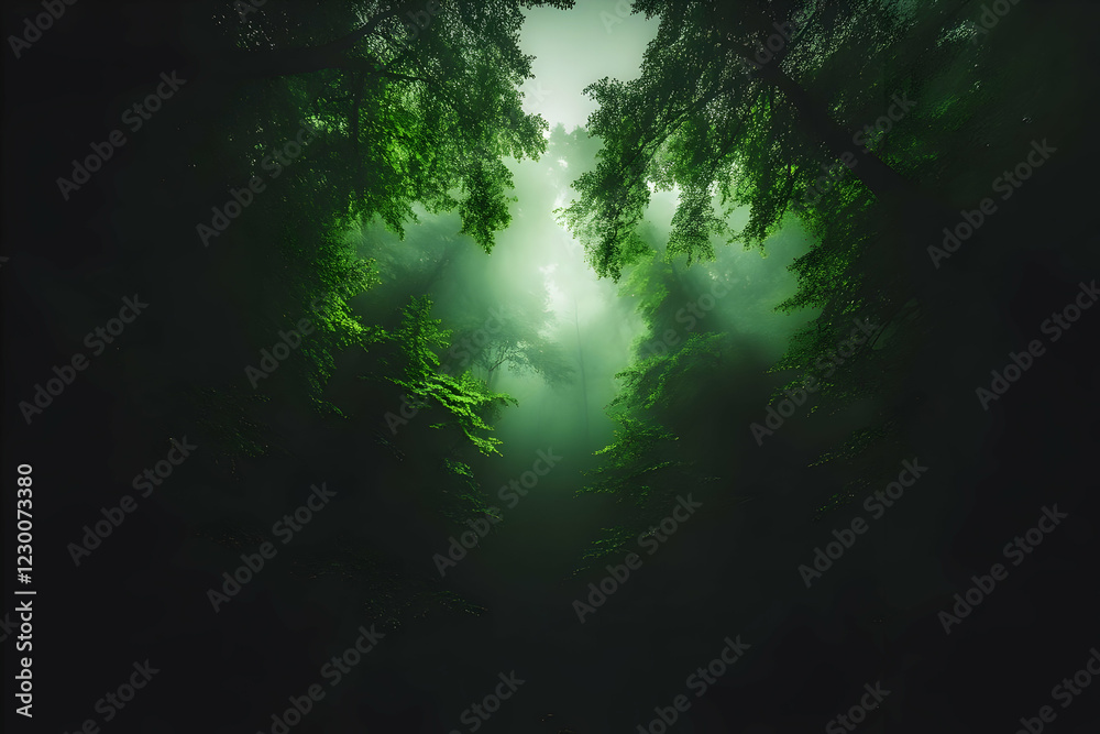 Fototapeta premium Forest path, sunlit canopy, misty morning, nature scene