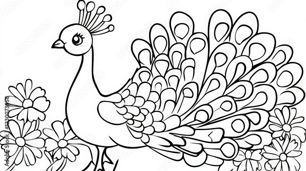 Fototapeta premium A beautiful outline of an elegant peacock standing amidst flowers, perfect for coloring activities Ideal for art lovers and relaxation, Outline