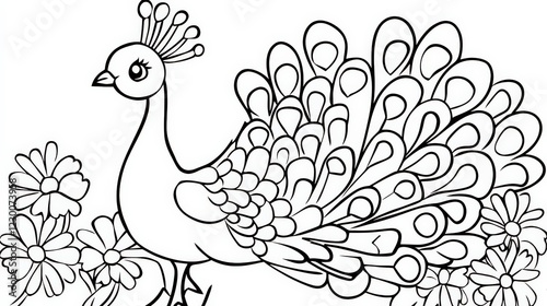 A beautiful outline of an elegant peacock standing amidst flowers, perfect for coloring activities Ideal for art lovers and relaxation, Outline