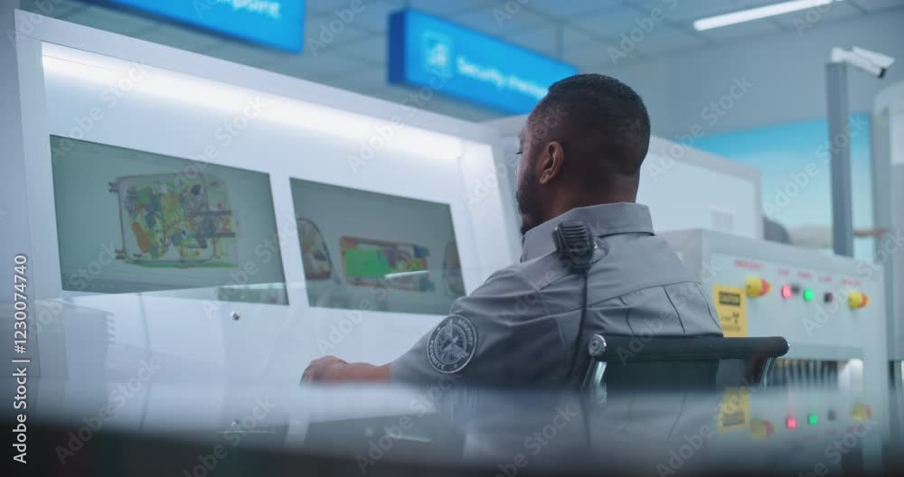 Airport Terminal: African American Security Officer Monitors Baggage ...
