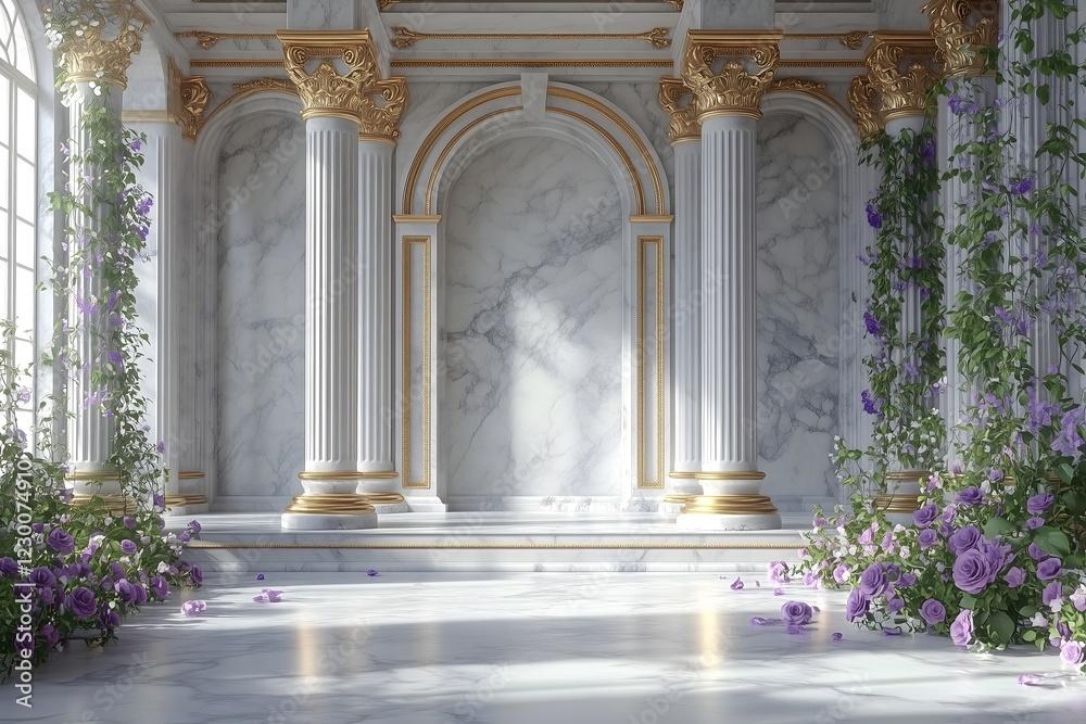 Obraz premium Wedding backdrop, ornate marble gold wall with baroque columns, floral accents. Photography rococo background.