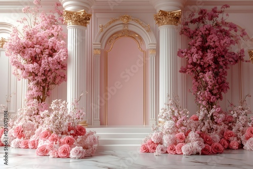 Pink rococo backdrop, ornate marble gold wall with baroque columns, floral accents. Photography background. 
