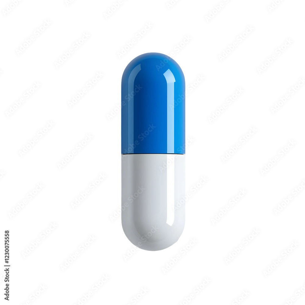 Blue and White Capsule Pill with Glossy Surface, Pharmaceutical Medicine Concept. Blue and White Capsule Pill with Glossy Surface, Pharmaceutical Medicine Concept.