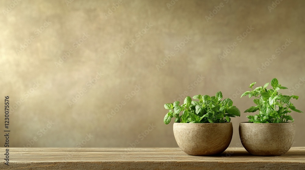 Minimalist herb garden display, wooden table setting, earthy tones, rustic bowls with freshly harvested mint and basil, natural remedies ambiance Minimalist herb garden display, wooden table setting, earthy tones, rustic bowls with freshly harvested mint and basil, natural remedies ambiance