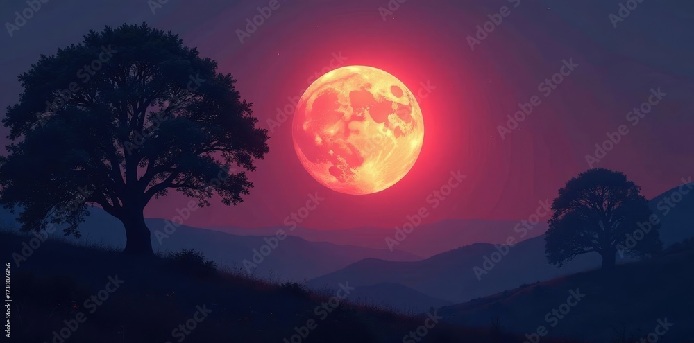 Supermoon casts an ethereal glow on the trees, shadowy, landscape, hues Supermoon casts an ethereal glow on the trees, shadowy, landscape, hues