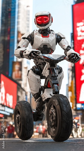 Futuristic robot riding a two-wheeled vehicle in a bustling urban environment with vibrant billboards and bright city lights in the background.
