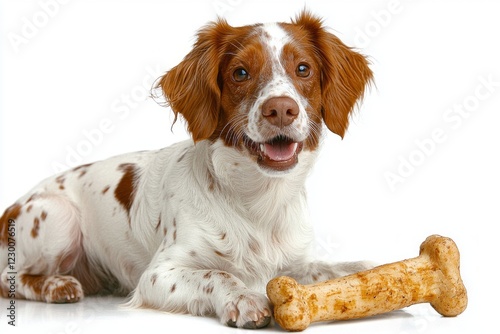 Brittany Spaniel eagerly chews on bone displaying excitement and happiness. dog has shiny coat and joyful expression emphasizing its playful character in clean setting. photo