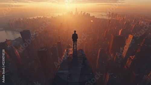 A silhouette of a person standing on a tall building, gazing at a stunning sunset over a sprawling cityscape.