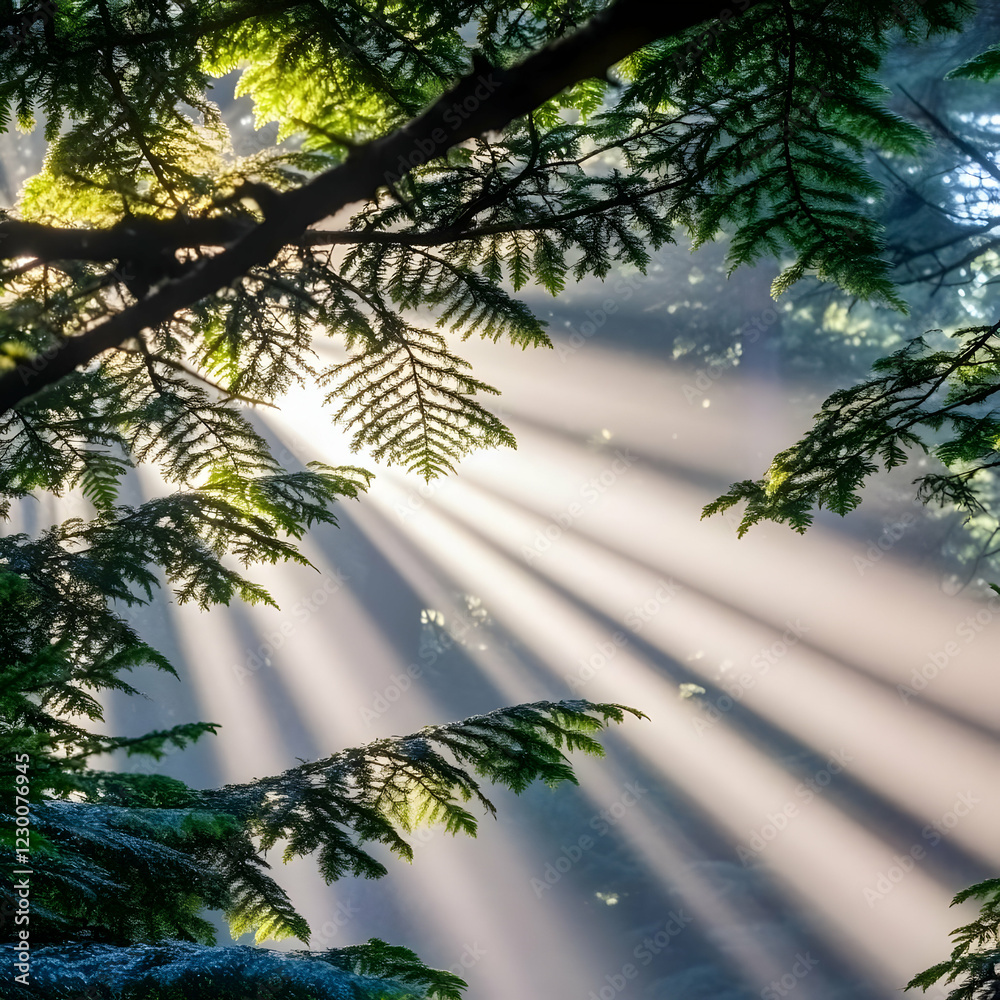 Obraz premium Sunbeams through forest leaves