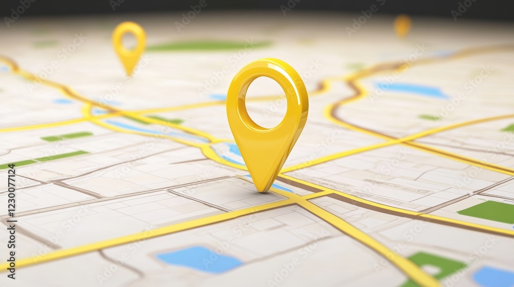Bright yellow map pin marks a location on a detailed urban map in a photorealistic 3D style Bright yellow map pin marks a location on a detailed urban map in a photorealistic 3D style