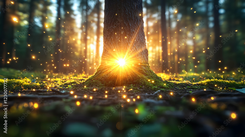 Sunset forest glow, fireflies, nature Sunset forest glow, fireflies, nature