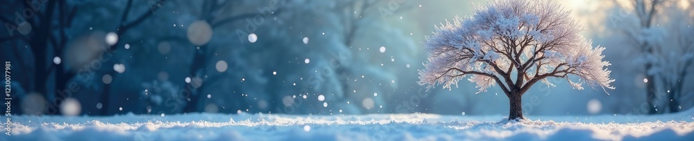 A flurry of white snowflakes surrounds a bare tree, wintry, winter A flurry of white snowflakes surrounds a bare tree, wintry, winter