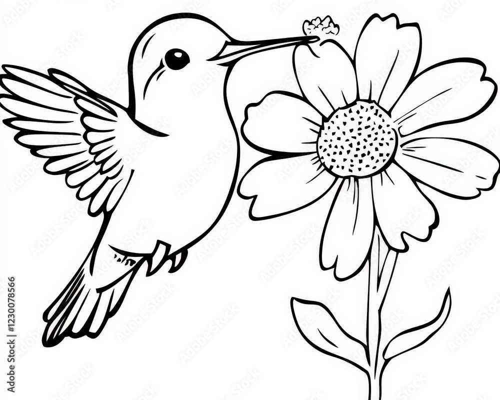 Obraz premium A beautiful black and white outline of a hummingbird feeding on a flower Perfect for coloring books, art projects, and nature-inspired designs, Outline