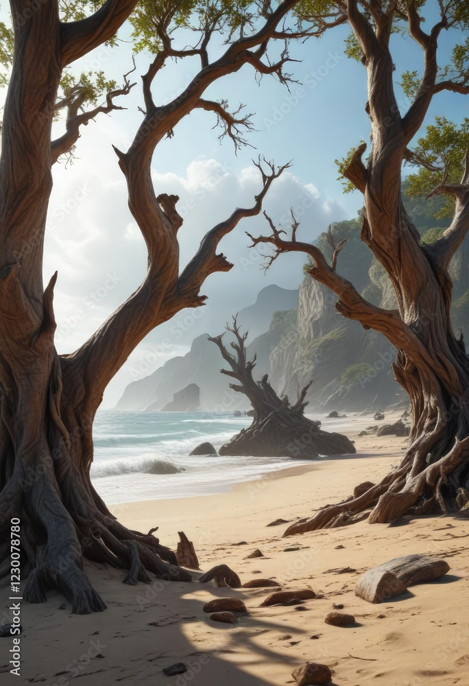 Seashore landscape with gnarled tree trunks and twisted branches, tree, gnarled